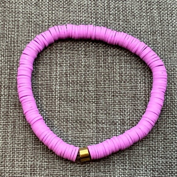 Heishi Clay Beaded Bracelet 7 In Pink Disc Stretch Gold Accent Stacked Barbie - Picture 1 of 4